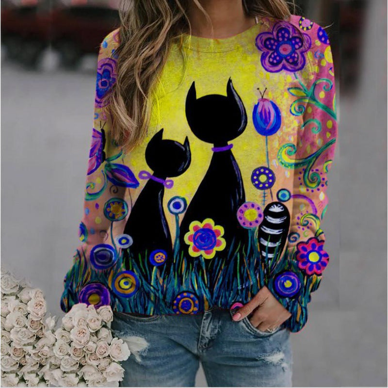 Damen Oversized-Sweatshirt mit künstlerischem Katzen-Print und floraler Musterung Drune