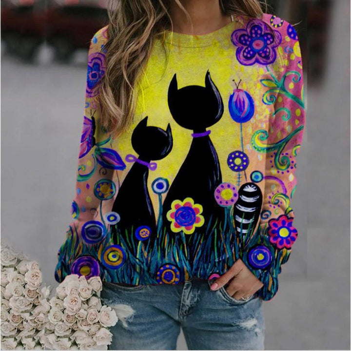Damen Oversized-Sweatshirt mit künstlerischem Katzen-Print und floraler Musterung Drune