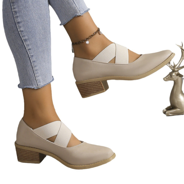 Damen Slipper-Pumps mit kreuzenden Elastikriemen und Blockabsatz Drune