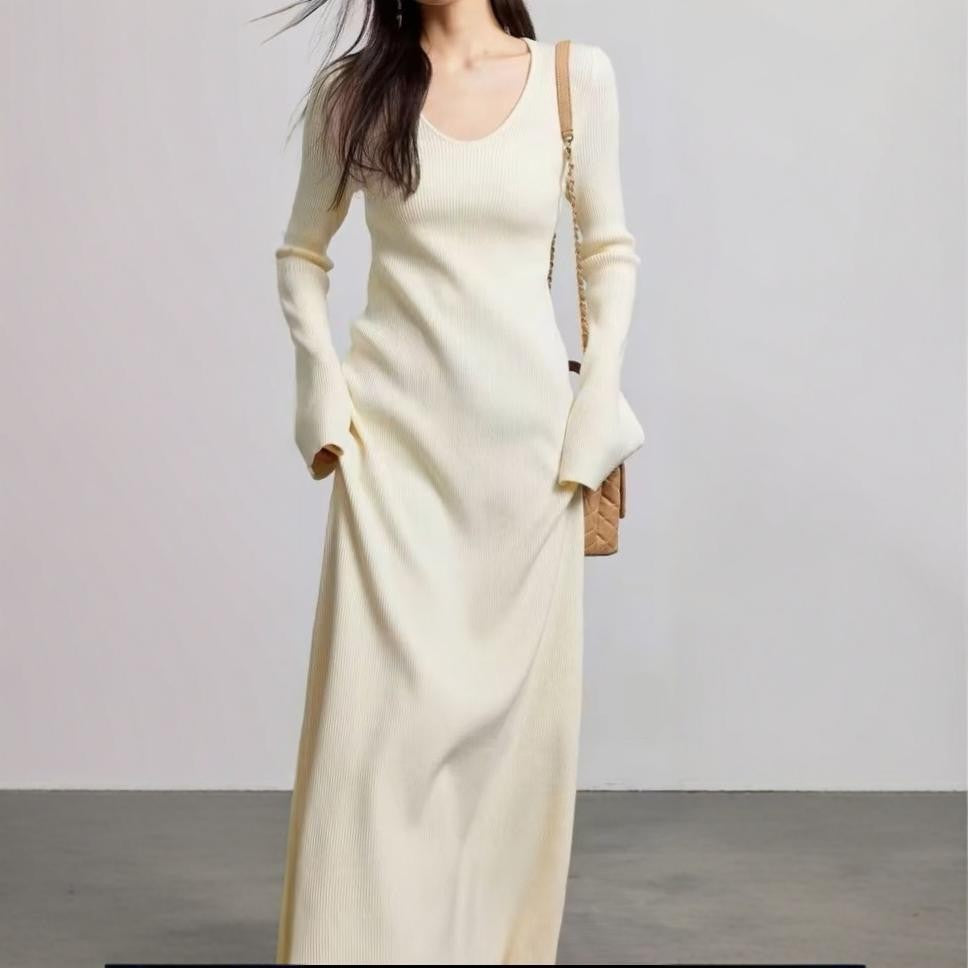 Damen elegantes Maxikleid mit feiner Rippstruktur und V-Ausschnitt Drune