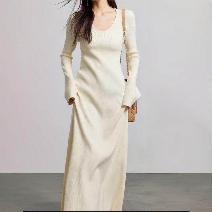 Damen elegantes Maxikleid mit feiner Rippstruktur und V-Ausschnitt Drune