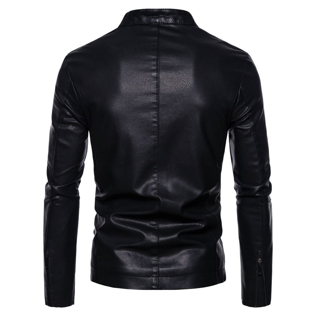Herren Schmale Kunstleder-Bikerjacke mit Stehkragen, Innenfutter aus Kunstfell und Reißverschlusstaschen Drune