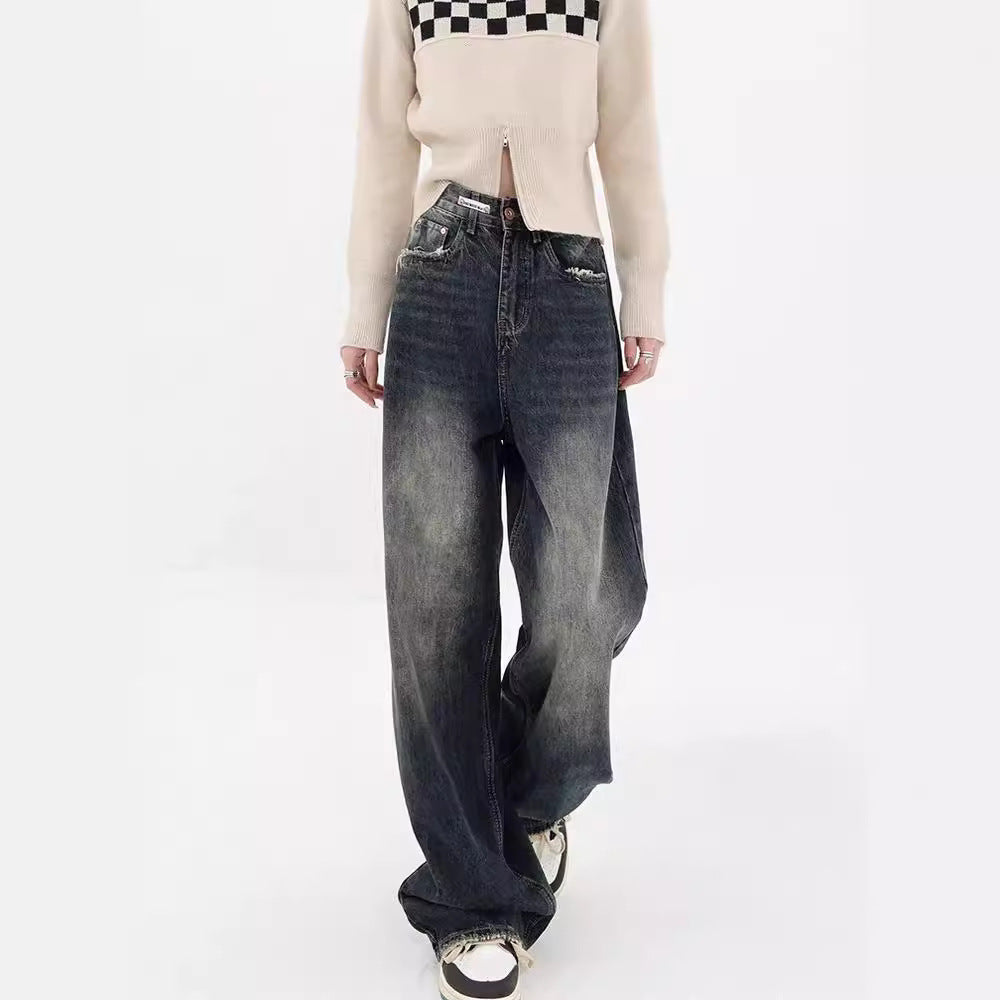 Damen Weite Baggy-Jeans mit authentischem Used-Look Drune