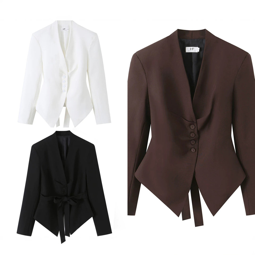 Damen Taillierter Blazer mit V-Ausschnitt, schmaler Bundschärpe und spitzem Saum Drune