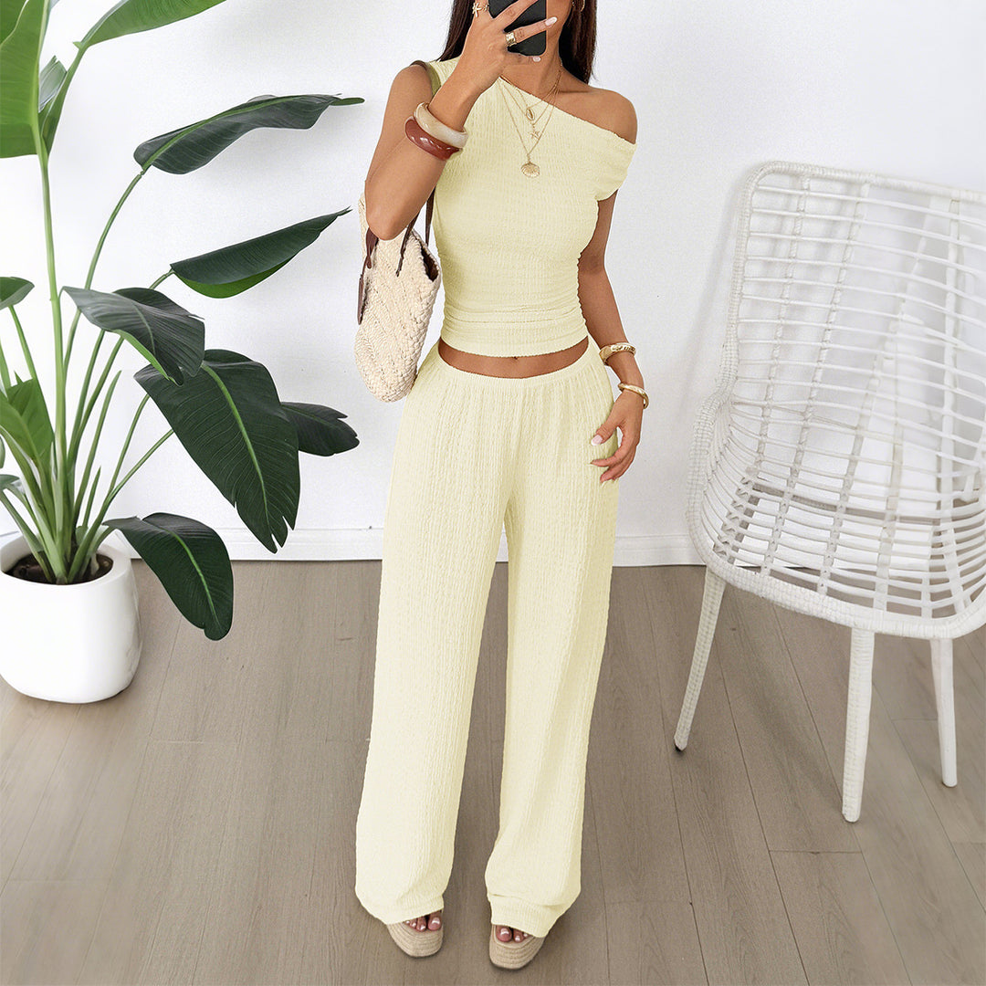 Damen Zweiteiliges Set aus elastischem Rippstoff mit asymmetrischem Top und weitem Hosen Drune