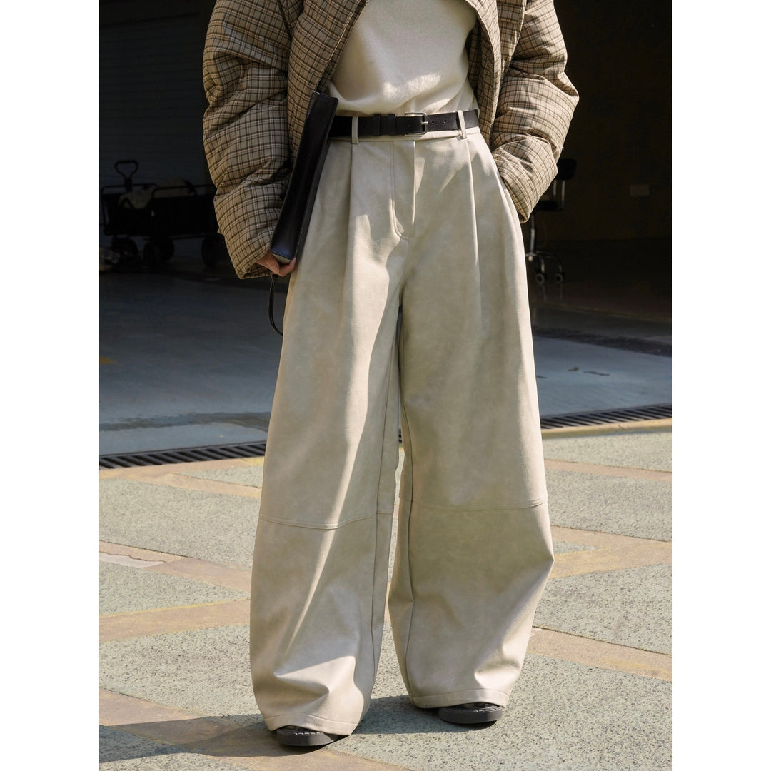 Damen Weite High‑Waist Culotte‑Hose aus Lederimitat mit Bundfalten und Lounge‑Silhouette Drune