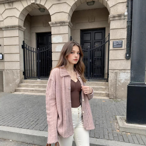 Damen Grob gestrickte Oversize‑Strickjacke mit Hemdkragen und Knopfleiste Drune