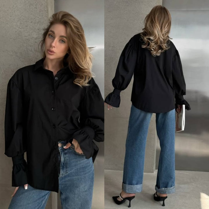 Damen Oversized-Bluse mit Volant-Manschetten und Ballonärmeln Drune