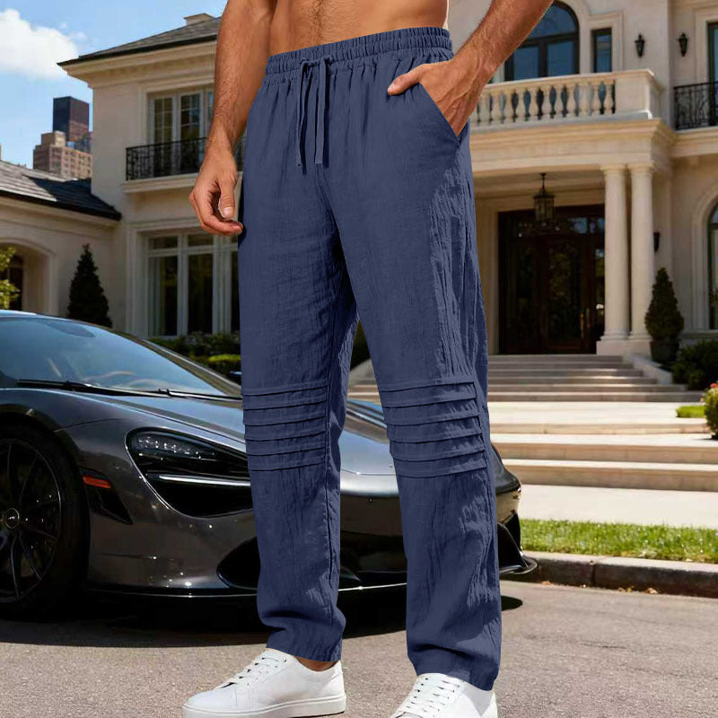 Herren Leinenoptik-Loungehose mit Tunnelzug elastischem Bund und abgesteppten Kniepanelen Drune