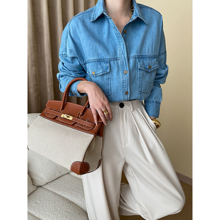 Damen lässige Denim-Hemdjacke mit dekorativen Knopfdetails und zwei Brusttaschen Drune