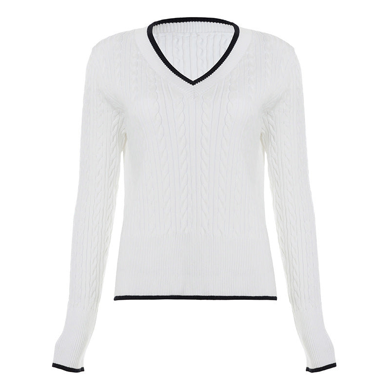 Damen Feinstrick-Pullover mit Zopfmuster, V-Ausschnitt und kontrastierendem Saum Drune