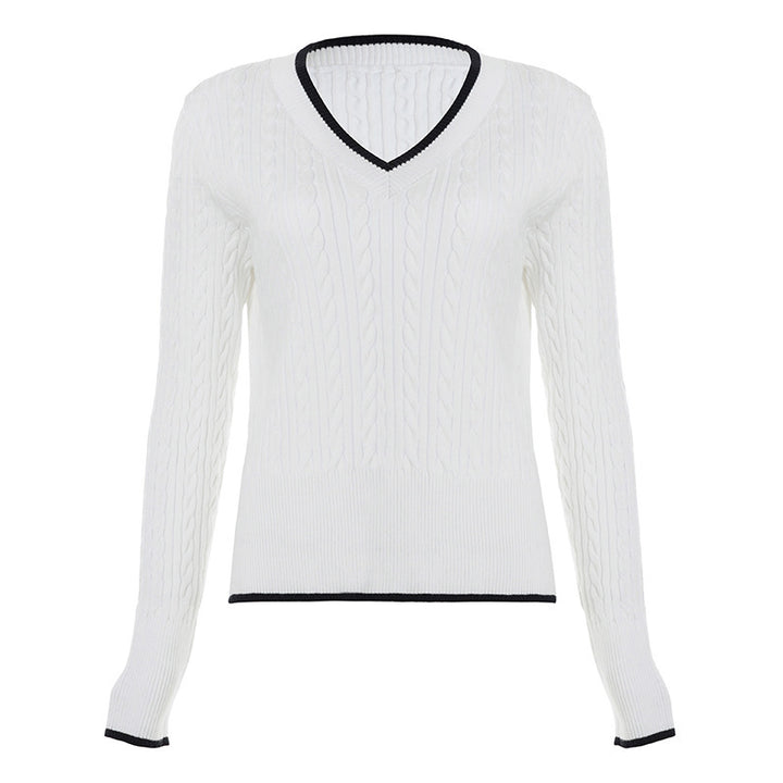 Damen Feinstrick-Pullover mit Zopfmuster, V-Ausschnitt und kontrastierendem Saum Drune