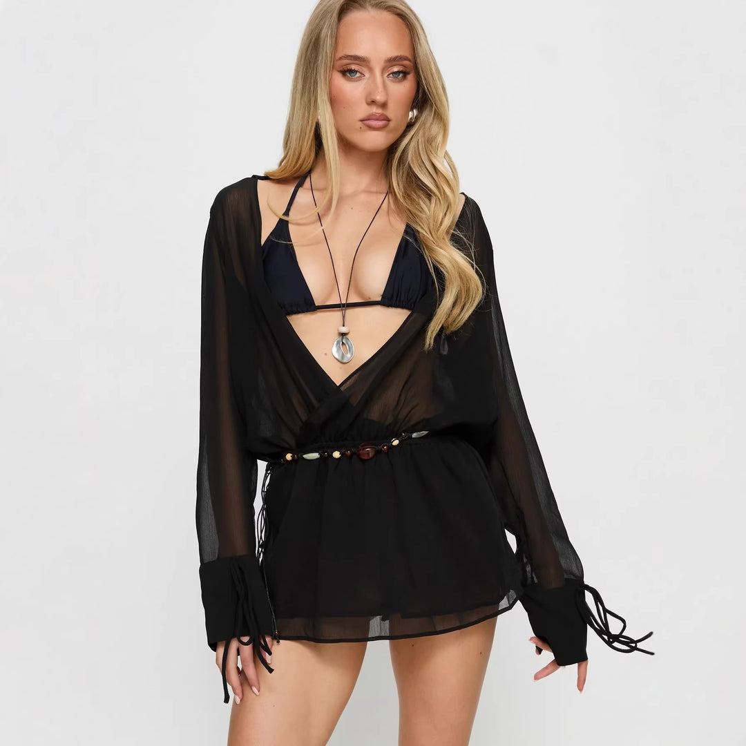 Damen lässige Chiffonbluse mit tiefem V-Ausschnitt und seitlichen Bändern Drune