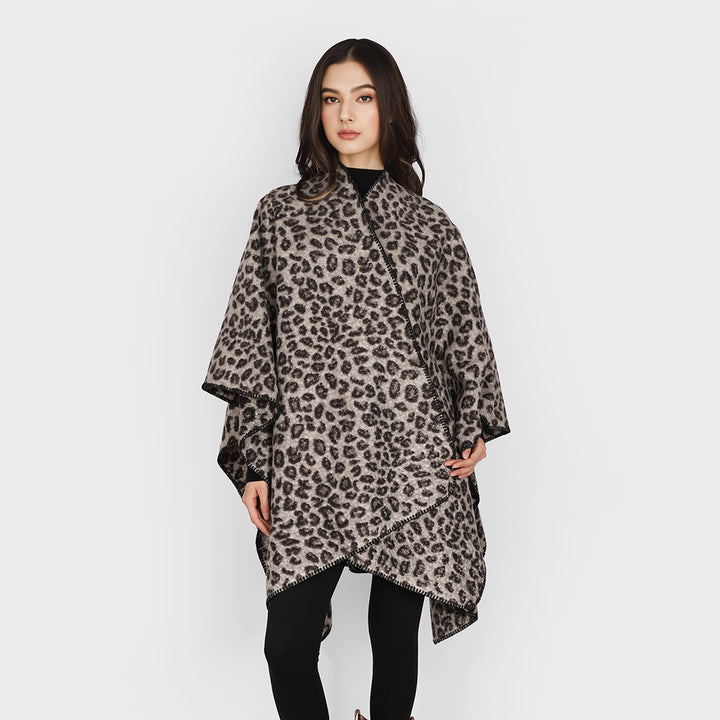 Damen Oversize-Poncho aus Wollmix mit dezentem Leo-Jacquard und asymmetrischem Zipfelsaum Drune