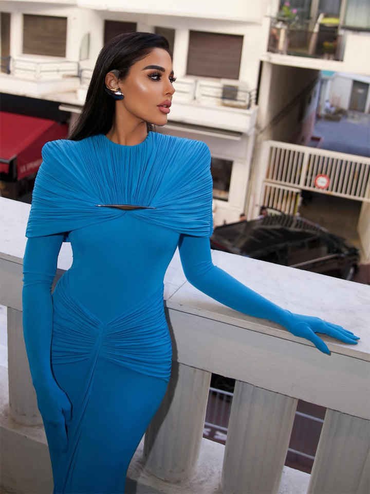 Damen Elegantes figurbetontes Abendkleid mit plissiertem Schalkragen und integrierten Armstulpen Drune