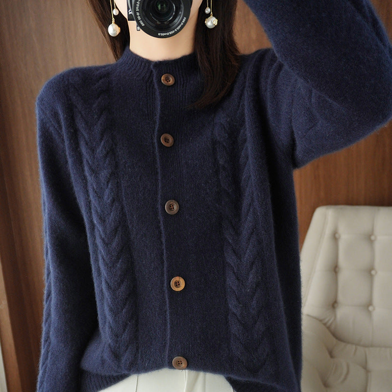 Damen kuschelige Strickjacke mit Zopfmuster und Knopfleiste Drune