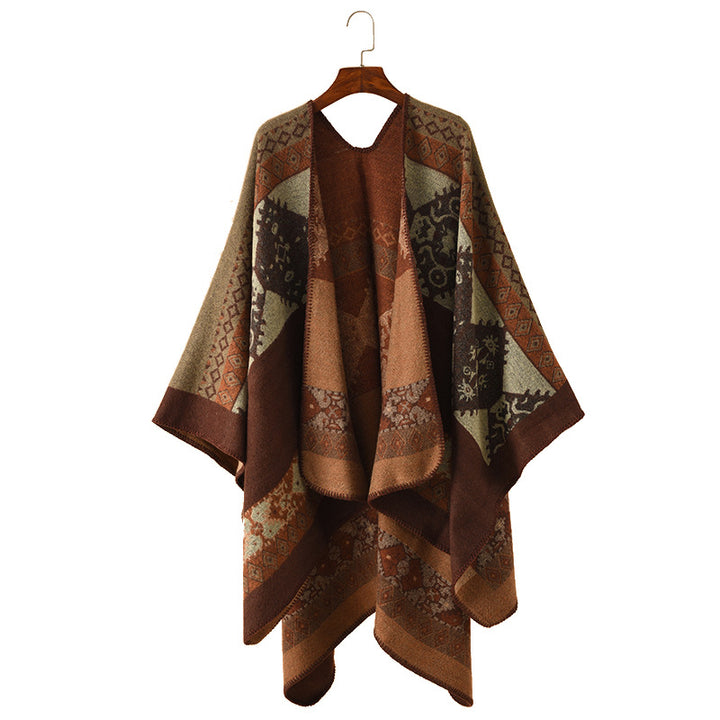 Damen Oversize Poncho aus Jacquard-Strick mit geometrischem Ethno‑Muster Drune