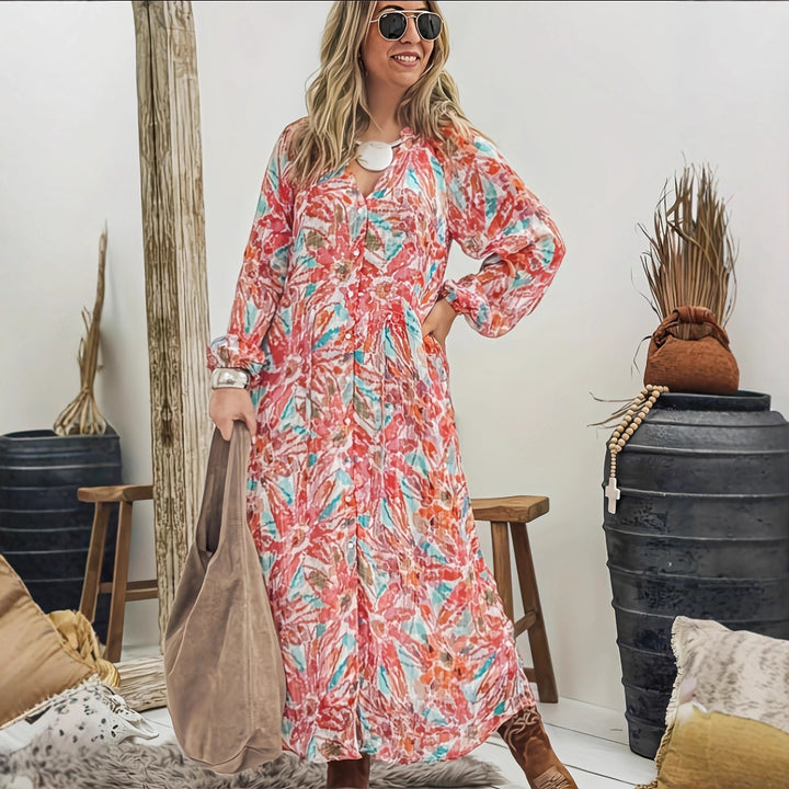 Damen Maxikleid mit buntem Floralprint und leichtem V-Ausschnitt Drune