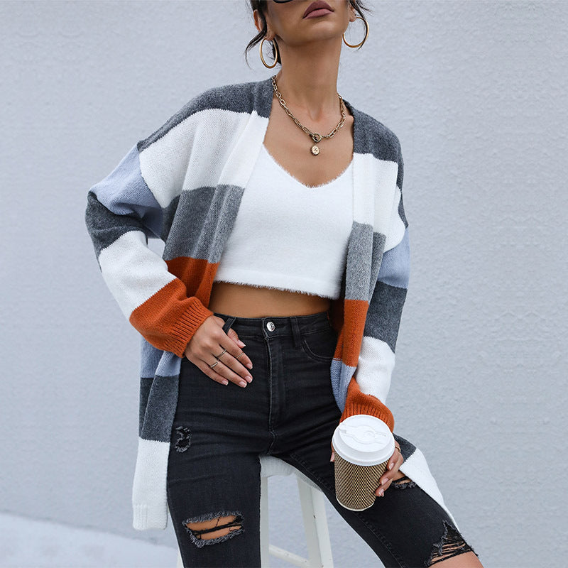 Damen Oversize Strickcardigan mit Blockstreifen und offener Front Drune
