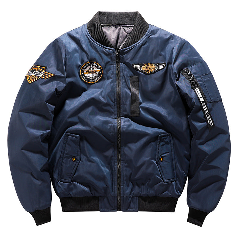 Herren  von der Luftfahrt inspirierte isolierte MA-1 Bomberjacke mit gestickten Missions-Patches und Reißverschluss-Taschen am Ärmel Drune