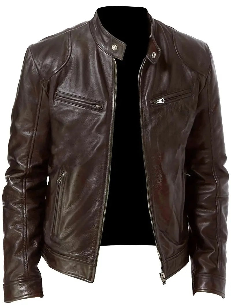 Herren Slim-Fit Lederjacke im Bikerstil mit Stehkragen, Reißverschlusstaschen und weichem Lammnappa Drune