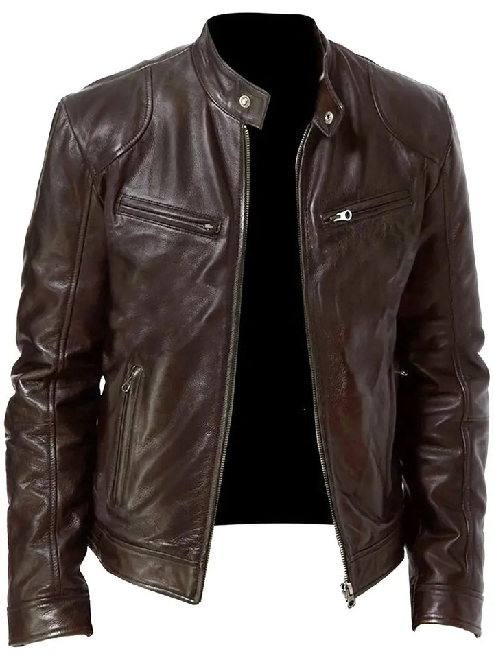 Herren Slim-Fit Lederjacke im Bikerstil mit Stehkragen, Reißverschlusstaschen und weichem Lammnappa Drune