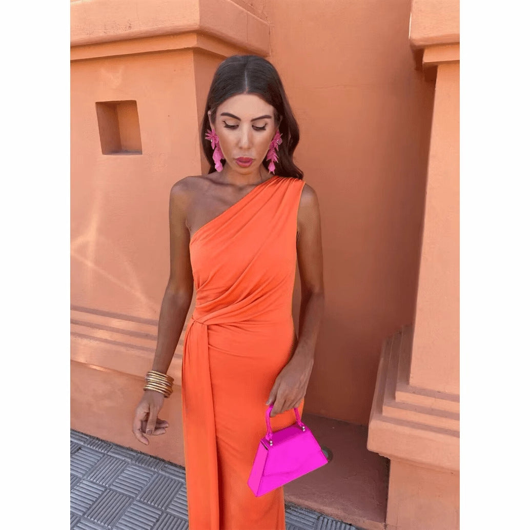Damen Maxikleid mit asymmetrischem Ärmeldesign und eleganter Drapierung Drune