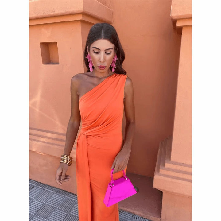 Damen Maxikleid mit asymmetrischem Ärmeldesign und eleganter Drapierung Drune