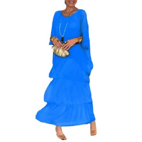 Damen nan mehrlagiges Stufenmaxikleid mit weitem Fledermausoberteil und stufigem Volantrock Drune