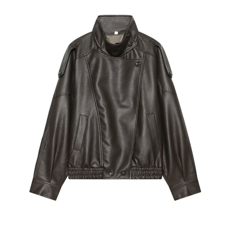 Damen Kunstleder-Bomberjacke mit hohem Stehkragen, asymmetrischem Verschluss und elastischem Saum Drune