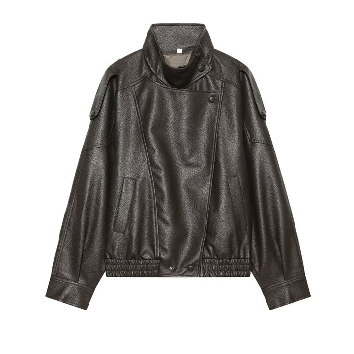 Damen Kunstleder-Bomberjacke mit hohem Stehkragen, asymmetrischem Verschluss und elastischem Saum Drune