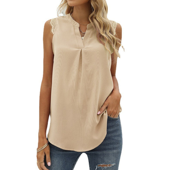 Damen ärmelloses Blusenshirt mit elegantem Spitzeneinsatz und modischen Falten Drune