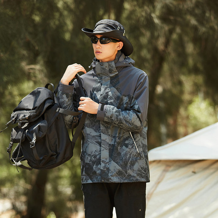 Damen Wasserfeste Outdoorjacke mit Kapuze und markantem Bergprint Drune