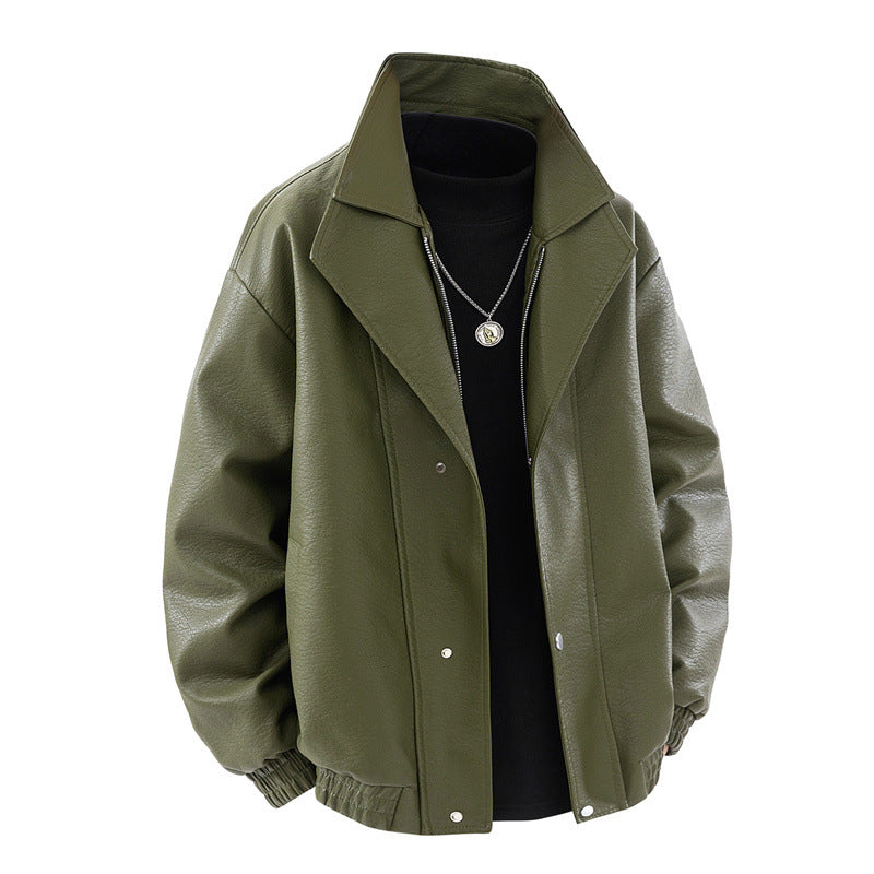 Herren modische Oversized-Lederjacke mit elegantem Kragen und praktischen Taschen Drune
