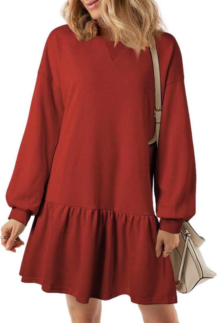 Damen lässiges Sweatkleid mit voluminösen Ärmeln und Rüschendetail Drune