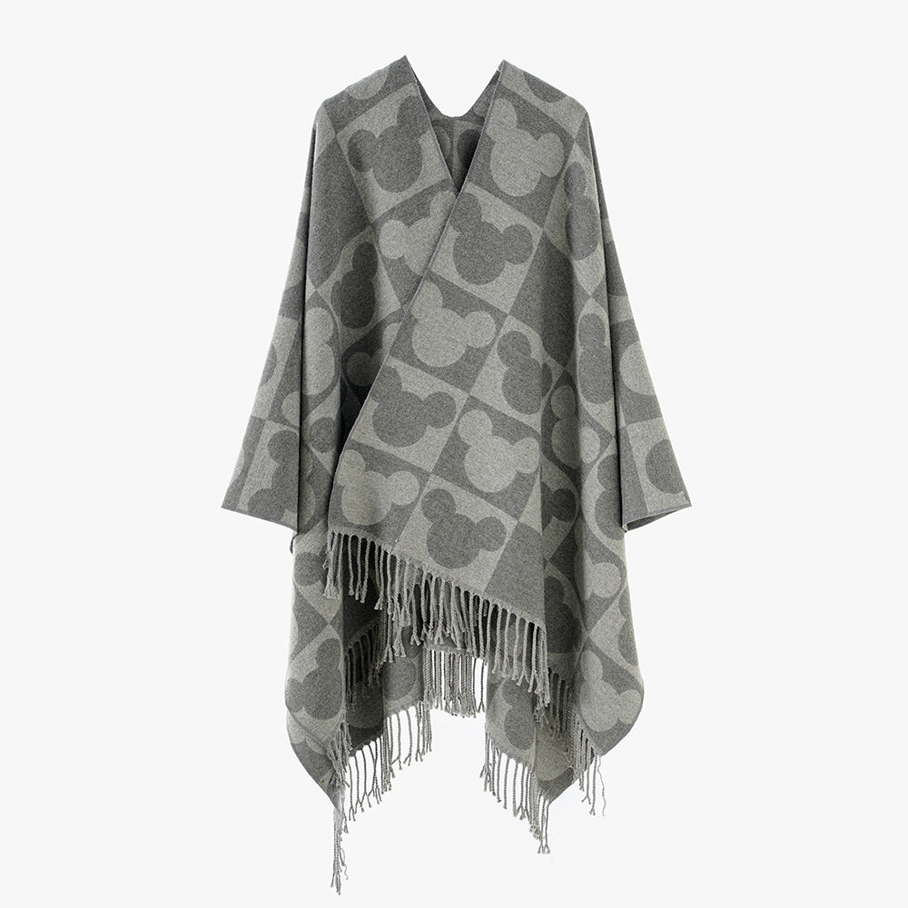 Damen Oversize-Capeponcho mit Jacquard-Motiv und Fransen Drune