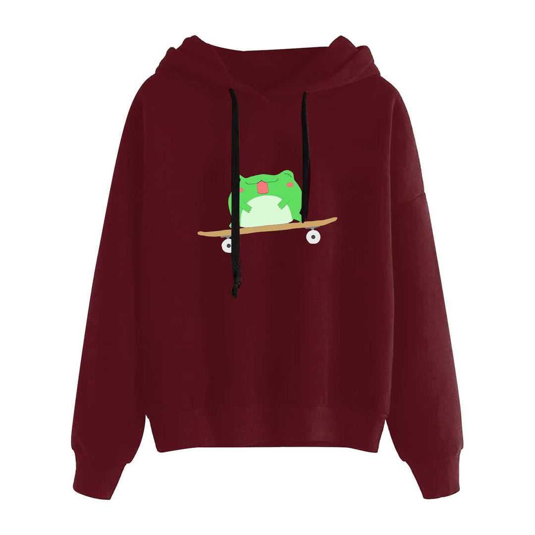 Damen nan kurz geschnittener Cropped-Kapuzenpullover mit niedlicher Frosch-Illustration und verstellbarer Kapuze Drune