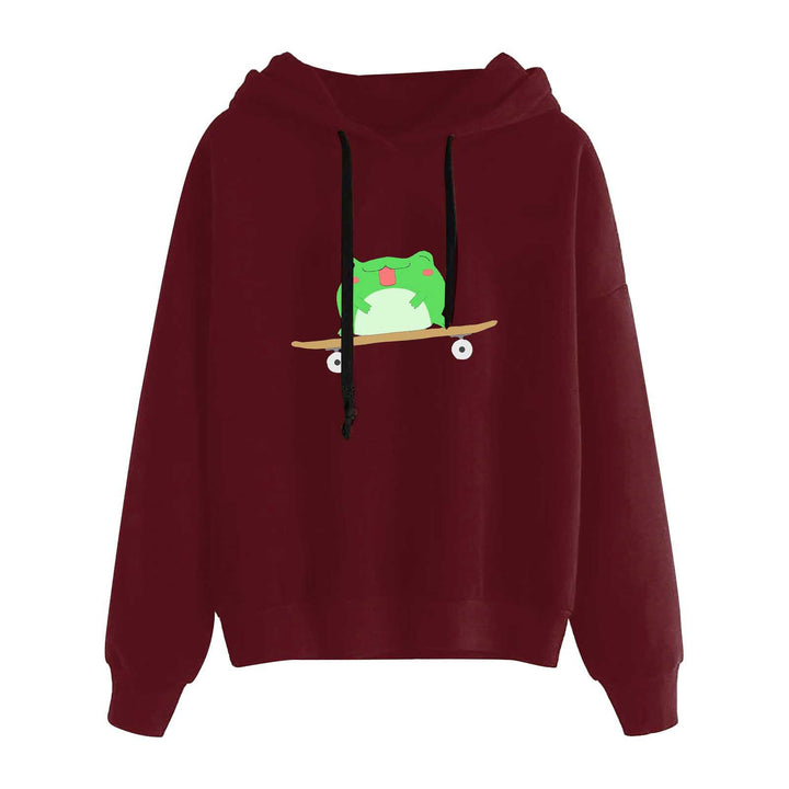 Damen nan kurz geschnittener Cropped-Kapuzenpullover mit niedlicher Frosch-Illustration und verstellbarer Kapuze Drune