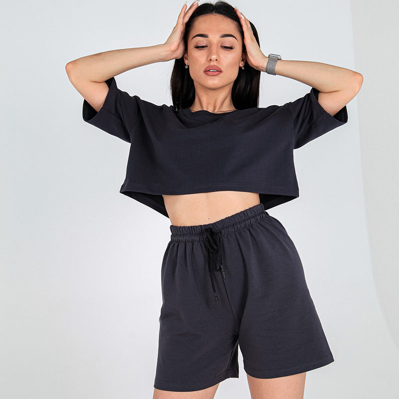 Damen Zweiteiliges Cropped-Lounge-Set aus Baumwolljersey mit elastischer Kordelzug-Shorts Drune