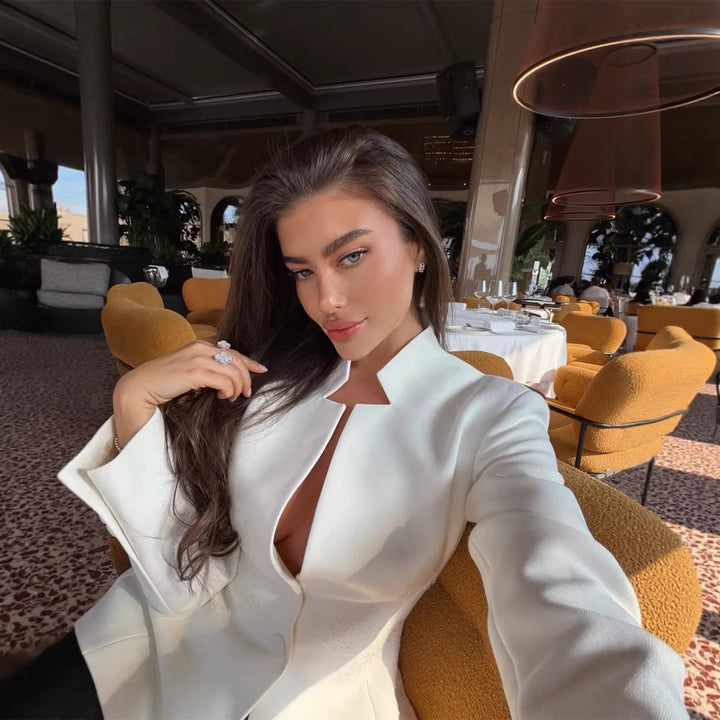 Damen Taillierter Einreihiger Blazer mit Stehkragen und tiefem V‑Ausschnitt Drune