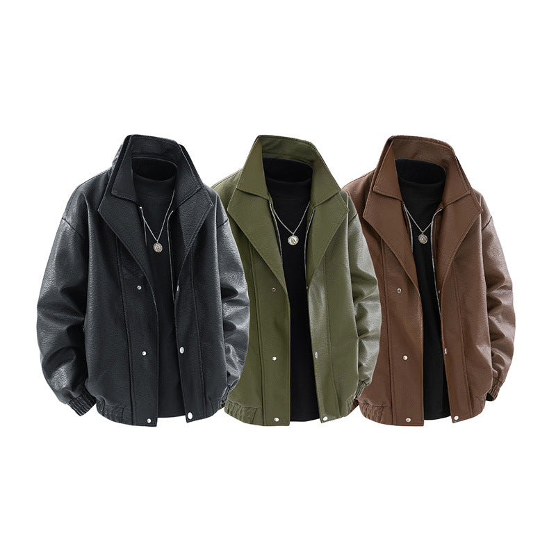 Herren modische Oversized-Lederjacke mit elegantem Kragen und praktischen Taschen Drune