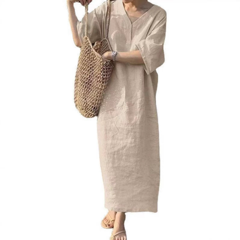 Damen Lässiges Leinen-Maxikleid mit V-Ausschnitt und Oversize-Relax-Fit Drune