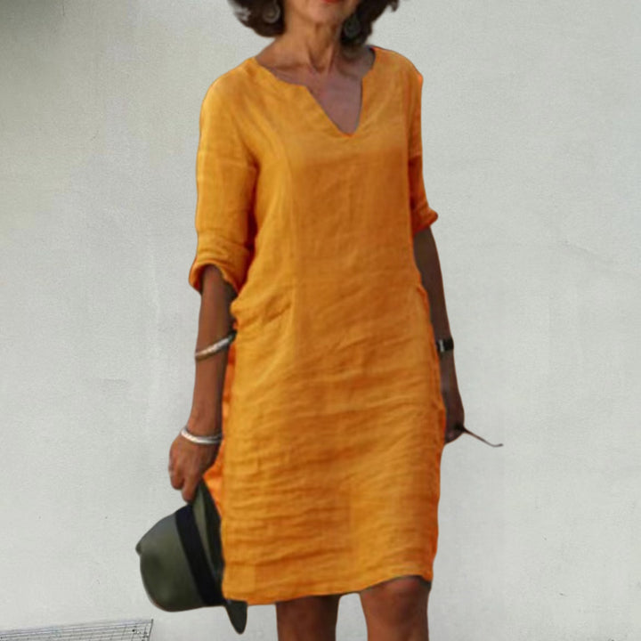 Damen Leichtes Sommerkleid mit eleganter V-Ausschnitt-Front und praktischen Seitentaschen Drune