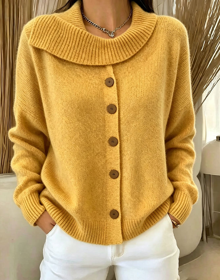 Damen Kuscheliger Knopf-Cardigan mit breitem Rollkragen und gerippten Bündchen Drune