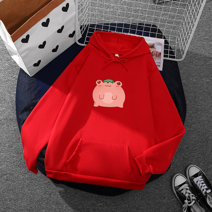 Damen nan oversized Kapuzenpullover aus Microfleece mit Cartoonfrosch-Motiv und Kängurutasche Drune