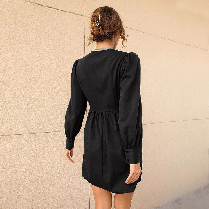 Damen A-Linien Minikleid mit tiefem V‑Ausschnitt, Empire‑Naht, taillierender Raffung und langen Manschettenärmeln Drune