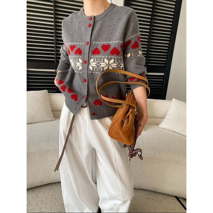 Damen gestrickte Jacke mit Herzmustern und Knopfverschluss Drune