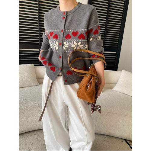 Damen gestrickte Jacke mit Herzmustern und Knopfverschluss Drune