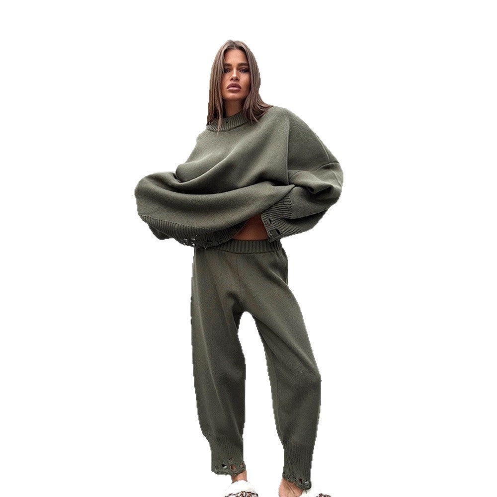 Damen Oversize-Strickset aus Feinstrick mit Destroyed-Saum, weitem Pullover und legerer Schlupfhose Drune