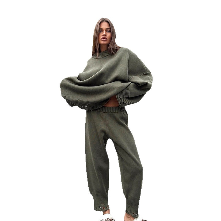 Damen Oversize-Strickset aus Feinstrick mit Destroyed-Saum, weitem Pullover und legerer Schlupfhose Drune